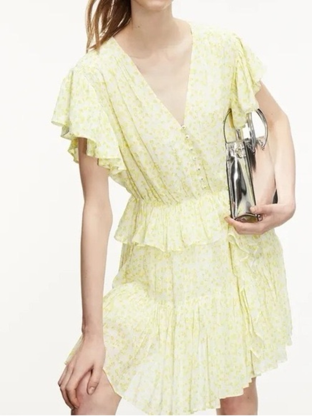 The Kooples Yellow Floral Button-Front Ruffle Mini Dress